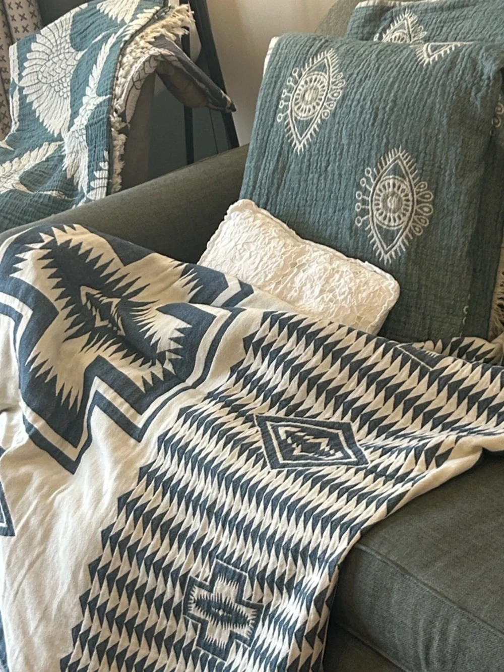 Woven Outdoor Indoor Blanket SxSW TH 2 Side Native Pattern Blue + Natural